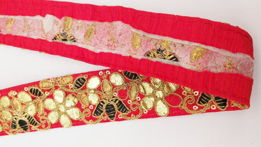 Red Fabric Trim In Black & Gold Floral Embroidery, Gota Patti Trim, Indian Flower Border